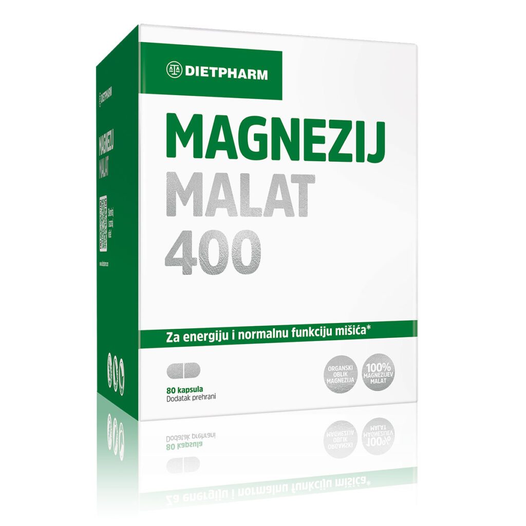 Dietpharm Magnezij Malat 400 je dodatak prehrani s 400 mg magnezija visoke bioraspoloživosti u dnevnoj dozi (2 puta po 2 kapsule na dan). Za fizički aktivne osobe, kod nedostatka energije i kroničnog umora.